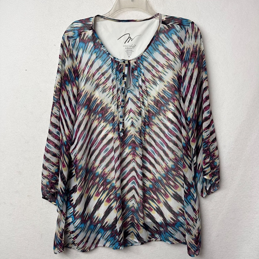 Miraclebody by Miraclesuit XL Blouse Blue Pink Abstract Ikat Print Lined Top